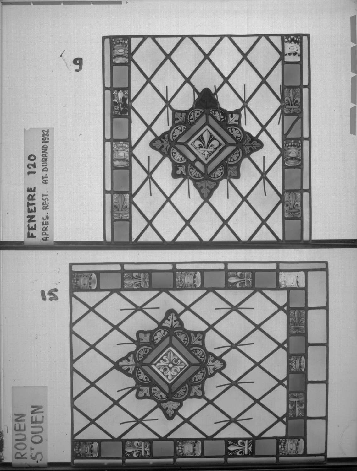 Baie 120 ; 4 fenêtres du triforium Sud de la nef ; Panneaux 9 - 15