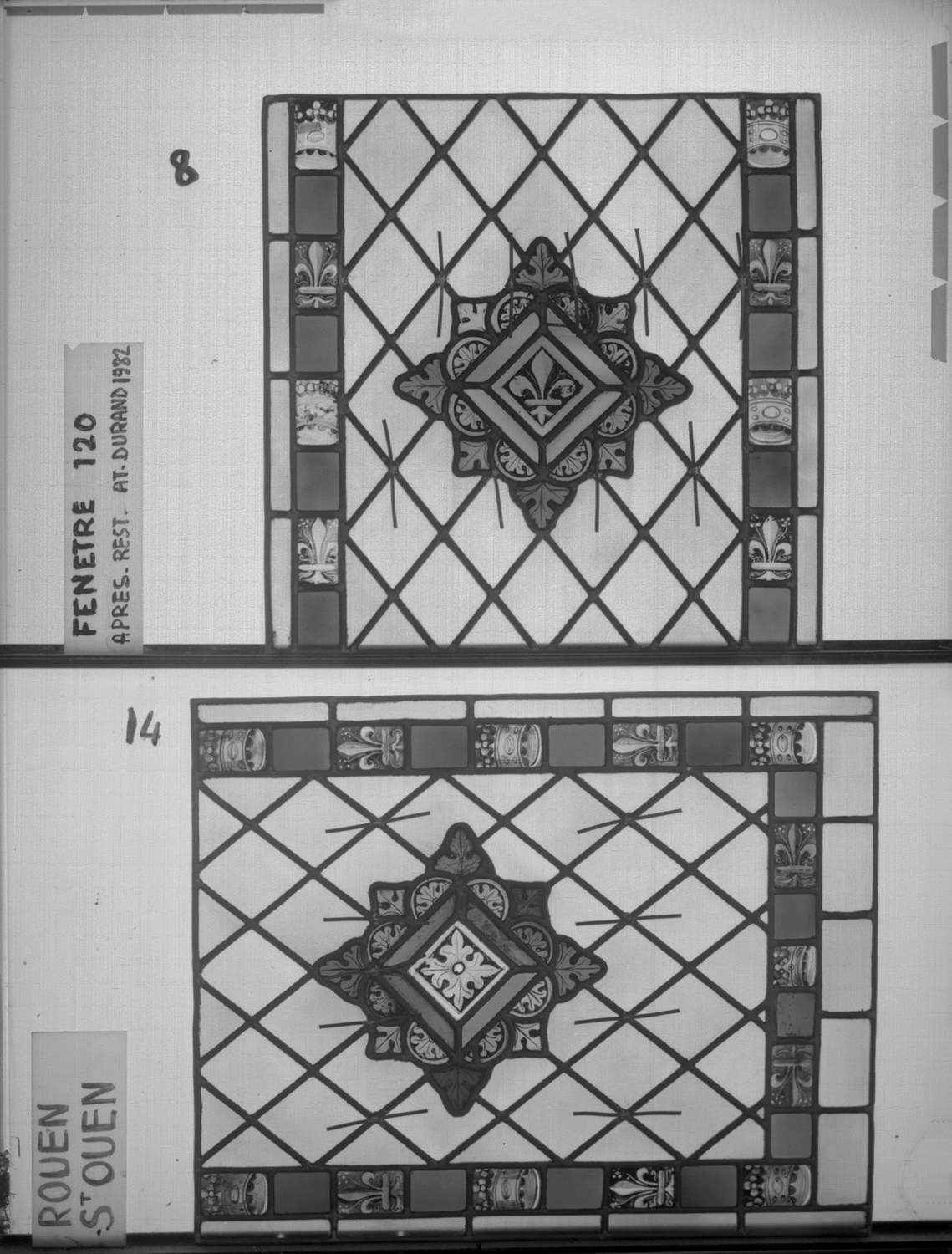 Baie 120 ; 4 fenêtres du triforium Sud de la nef ; Panneaux 8 - 14