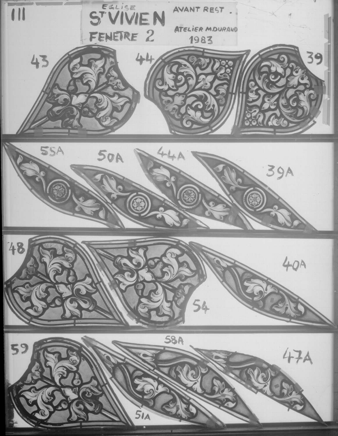 Fenêtre 2 ; Façade Ouest ; Fragments A55 - 50 - 44 - 39 - 40 - 43 - 44 - 39 - 54 - 59