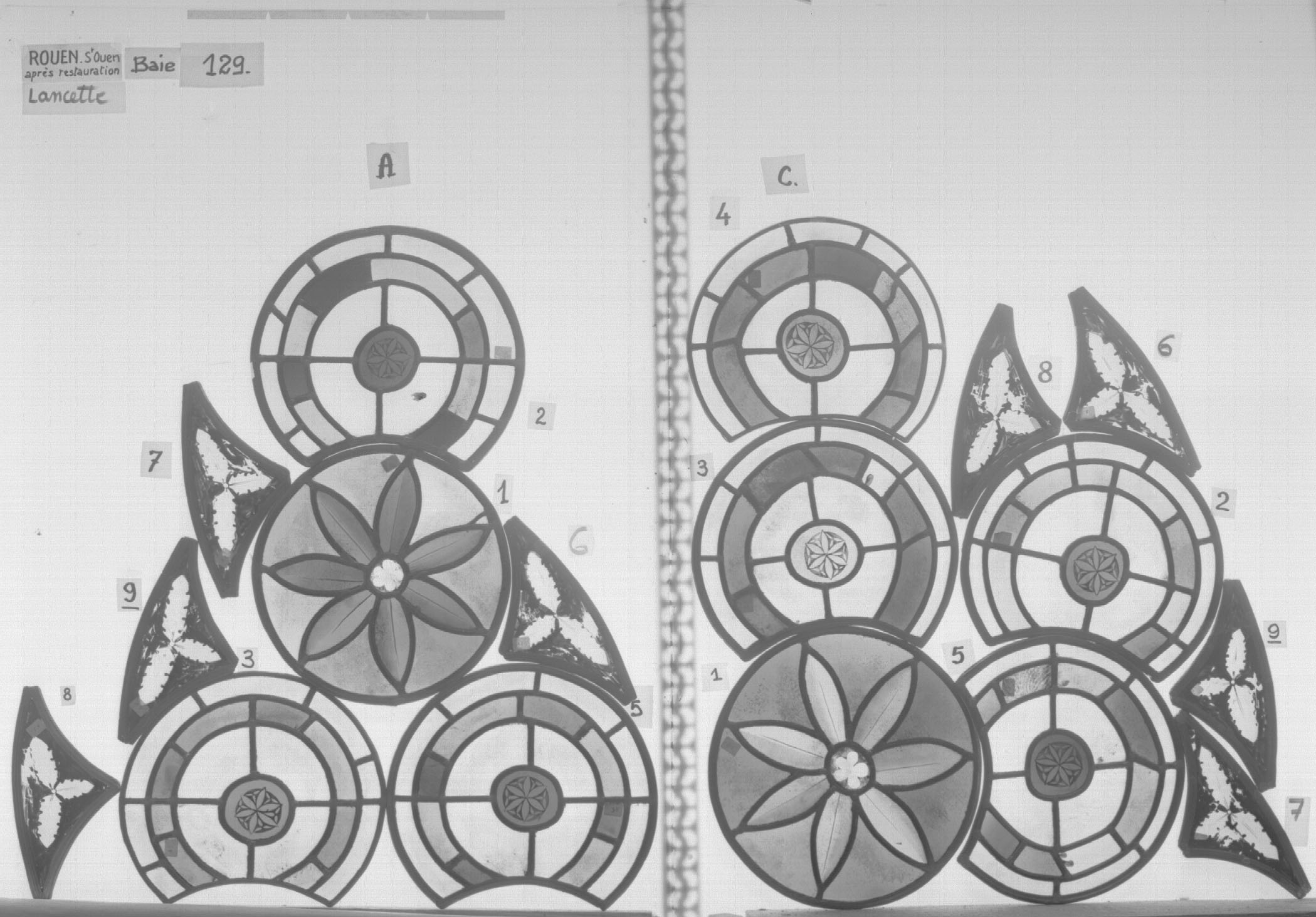 Baie 129 ; Lancettes C - A ; Fragments 1 - 2 - 3 - 6 - 7 - 8 - 9