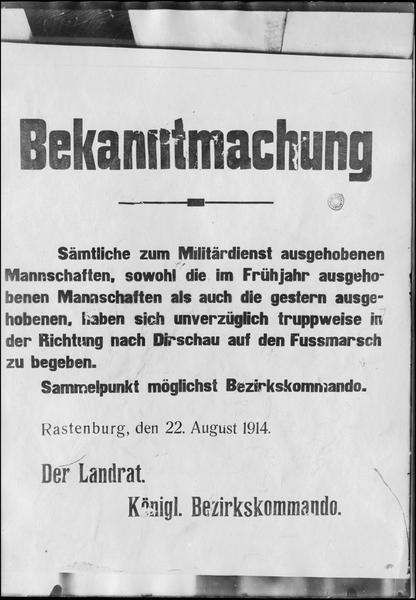 Affiche allemande, Rastenburg 22 août 1914