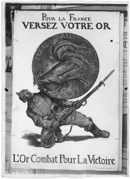 Affiche illustrée par Abel Faivre. « Pour la France versez votre or, l’or combat pour la victoire », 1915