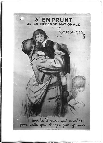 Affiche d'emprunt de guerre illustrée par Auguste Leroux : « 3ème emprunt de la Défense nationale : souscrivez pour la France qui combat ! Pour celle qui chaque jour grandit », 1917