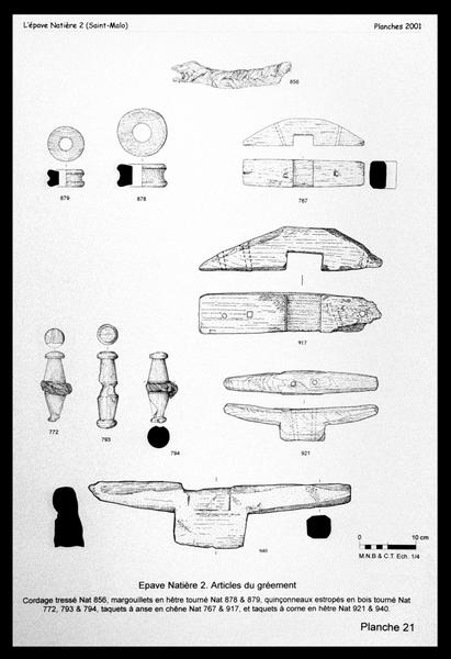 Vue du dessin de cordage, taquets et réas de bois (fouille M. L'Hour/Drassm, E. Veyrat/Drassm).