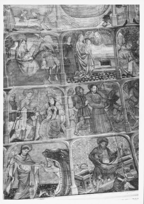 peintures monumentales : légende de sainte Marguerite, légende de saint Fiacre, vue partielle
