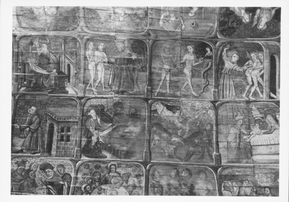 peintures monumentales : légende de sainte Marguerite, légende de saint Fiacre, vue partielle
