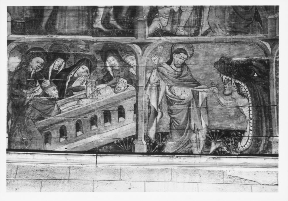 peintures monumentales : légende de sainte Marguerite, légende de saint Fiacre, vue partielle