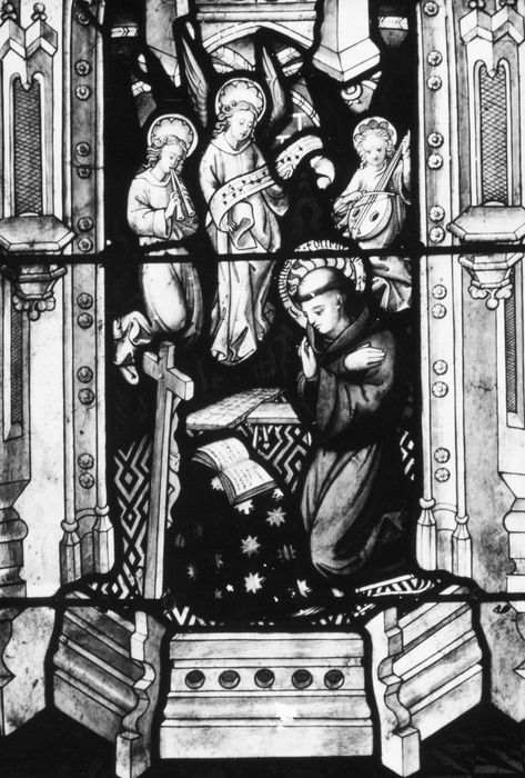 verrière : légendes de saint Nicolas de Tolentino et de saint Bernardin de Sienne, détail