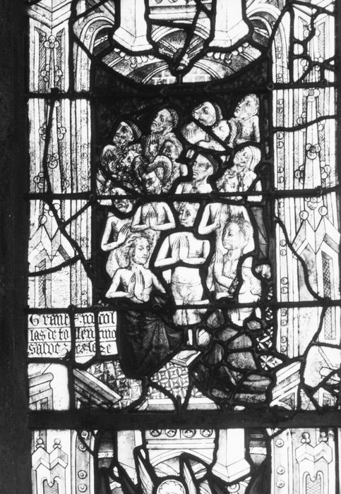 verrière : légendes de saint Nicolas de Tolentino et de saint Bernardin de Sienne, détail