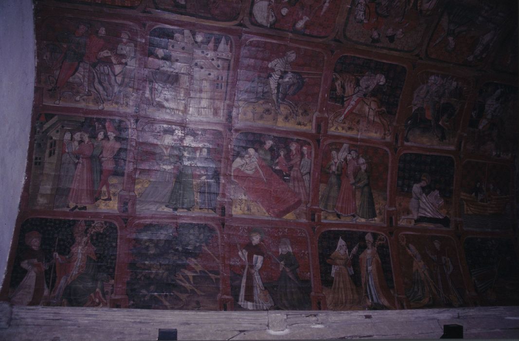 peintures monumentales : légende de sainte Marguerite, légende de saint Fiacre, vue partielle