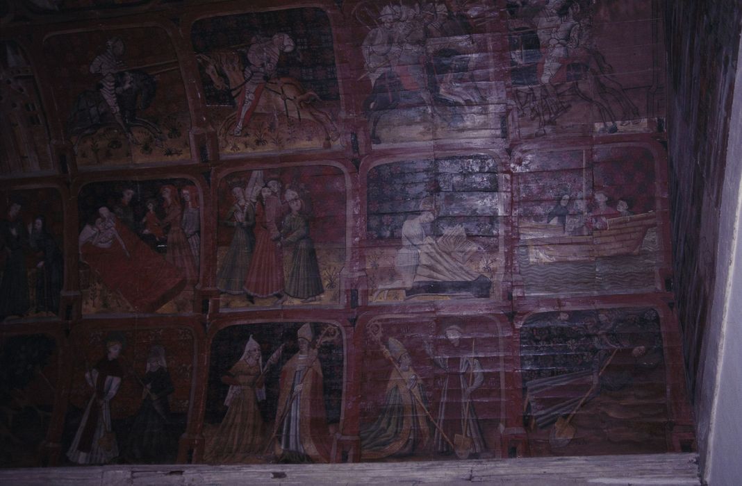 peintures monumentales : légende de sainte Marguerite, légende de saint Fiacre, vue partielle