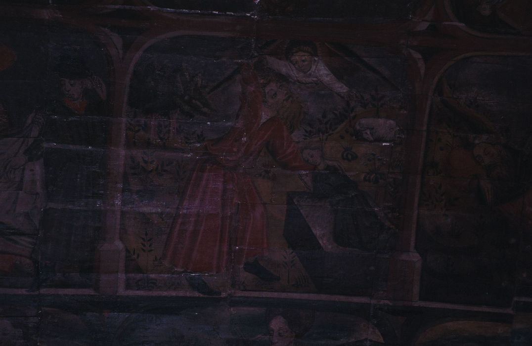 peintures monumentales : légende de sainte Marguerite, légende de saint Fiacre, vue partielle