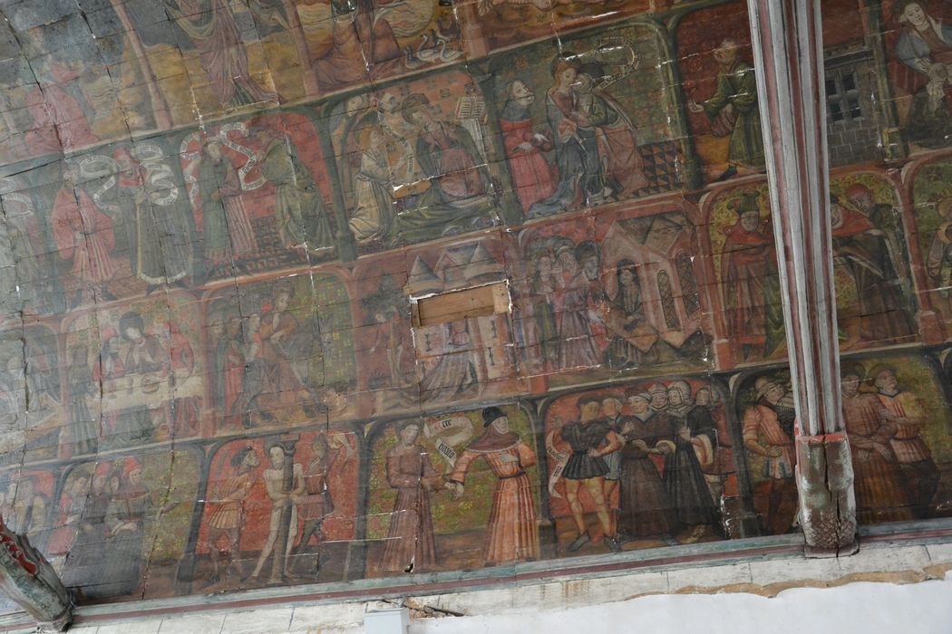 peintures monumentales de la voûte lambrissée : scènes de l'ancien et du nouveau testament