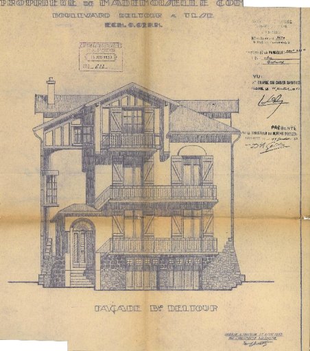 AMT, 25w9490 : Elévation principale, propriété de Mlle Combes boulevard Deltour, dressée le 4 mai 1933 par l'architecte David Moretti.