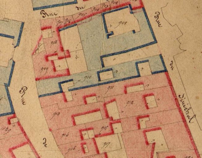 Extrait du cadastre vers 1827. Les anciennes prisons sont en bleu.