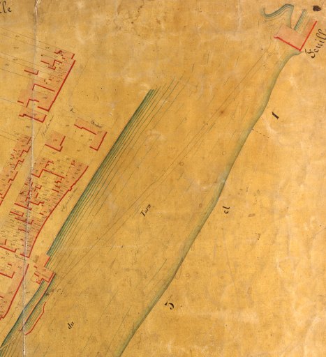 Extrait du cadastre vers 1827. Les moulins de Sapiacou à droite face au moulin de Sapiac à gauche. Au milieu du Tarn, la chaussée.