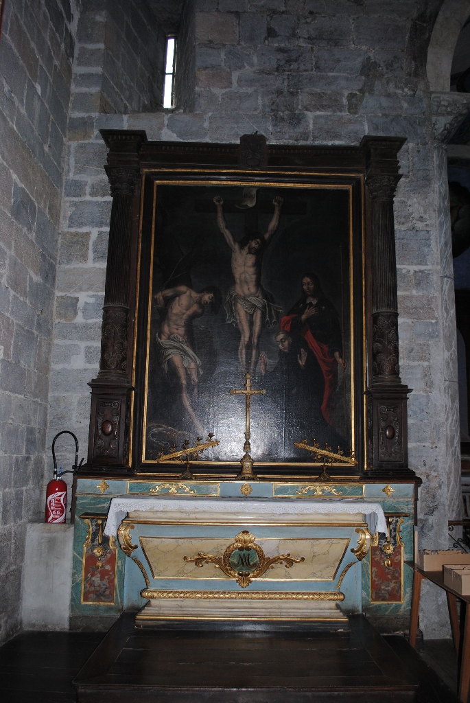 Tableau : Crucifixion entre saint Sébastien, saint Jacques et un abbé bénédictin agenouillé