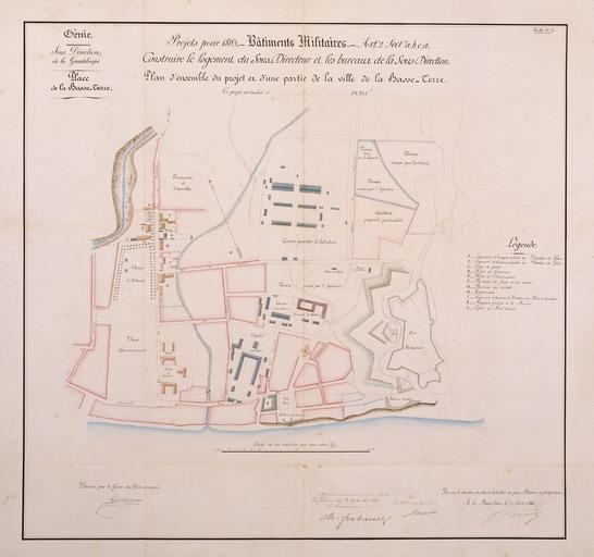 Plan d'une partie de la ville de Basse-Terre avec le projet de construction du logement du sous-directeur du Génie et les bureaux de la sous-direction
