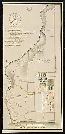 Plan du terrain que le roi a acheté à M. Nadau avec retombe représentant un projet de plan pour un gouvernement et d'une intendance.