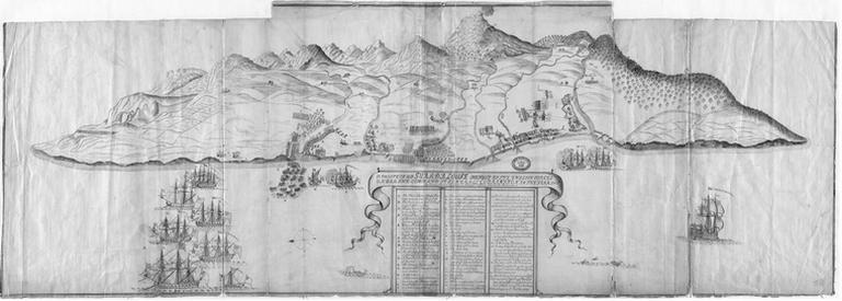 Vue cavalière de Basse-Terre représentant l'attaque anglaise du 2 mars 1703
