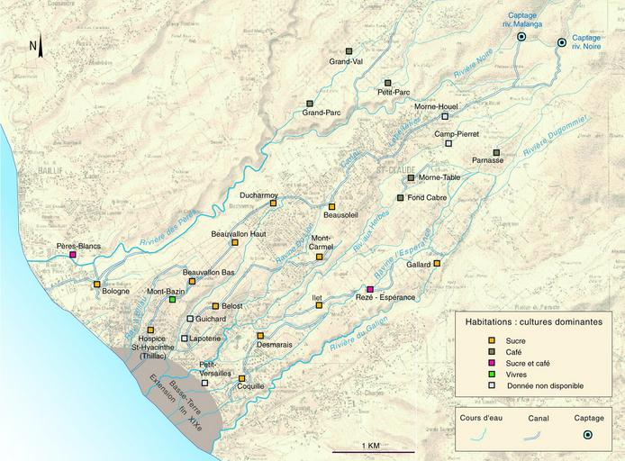 Carte des habitations des alentours de Basse-Terre avec le réseau hydraulique