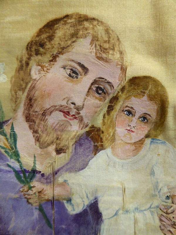 Bannière de procession, médaillon au revers : Joseph et de l’Enfant, détail des visages.