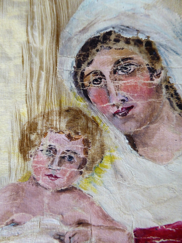 Bannière de procession, médaillon : visages de la Vierge et de l’Enfant.