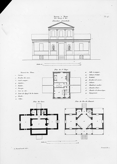 Plans des sous-sol, rez-de-chaussée, premier étage et élévation sud.