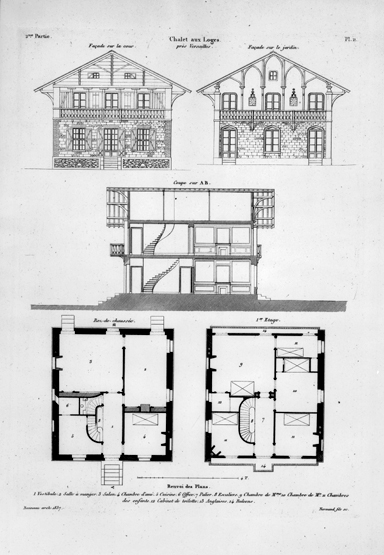 Elévation, coupe et plan de la maison.