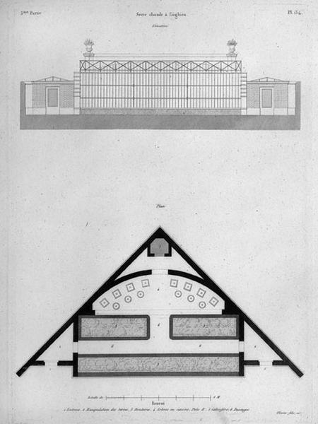 Plan et élévation d'une serre chaude.