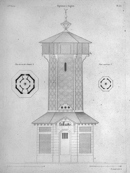 Plans et élévation du colombier. Sur le plan du rez-de-chaussée est figuré l'arbre central pivotant qui permet de visiter les boulins.