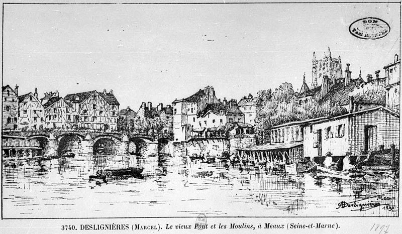Le pont-aux-moulins vu de l'amont, en 1896. Lithographie, 1896. (BNF. Département des estampes, TopoVa Seine-et-Marne, H 156196)