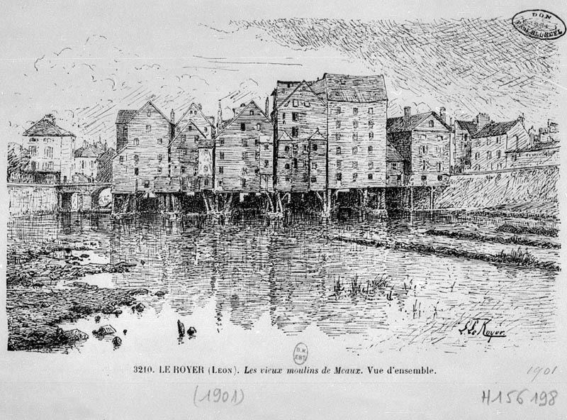 Les vieux moulins de Meaux. Vue d'ensemble", 1901. Lithographie. (BNF. Département des estampes, TopoVa Seine-et-Marne, H 156198)