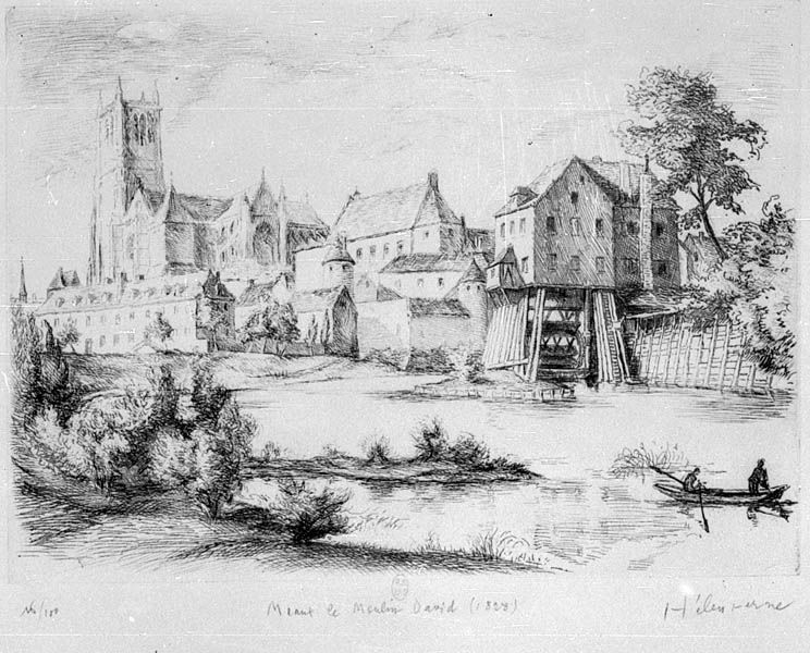 Meaux. Le moulin David (1828)", reprise d'une représentation ancienne par Hébuterne. Lithographie. (BNF. Département des estampes, TopoVa Seine-et-Marne, H 156199)