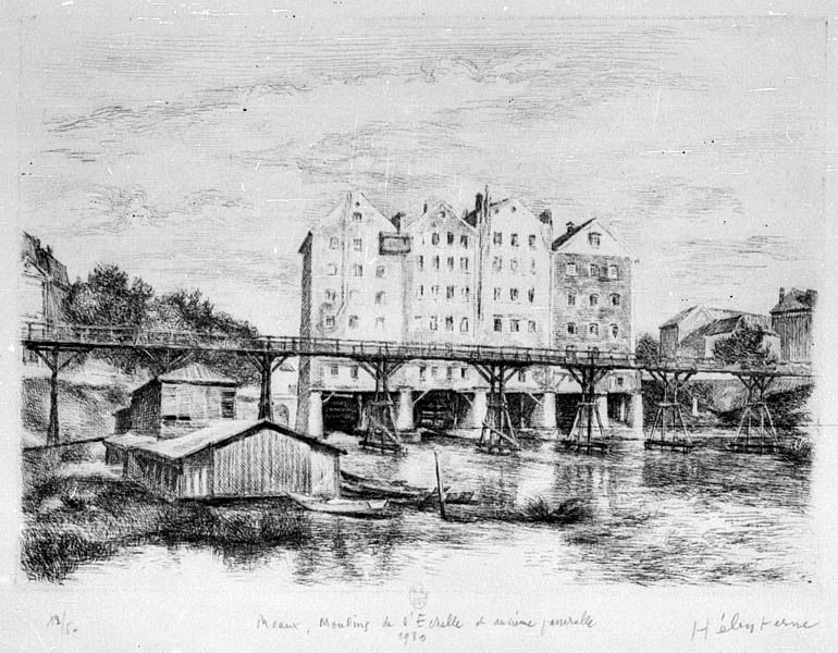 Meaux. Moulins de l'Echelle et passerelle", 1930. Lithographie. (BNF. Département des estampes, TopoVa Seine-et-Marne, H 156200)