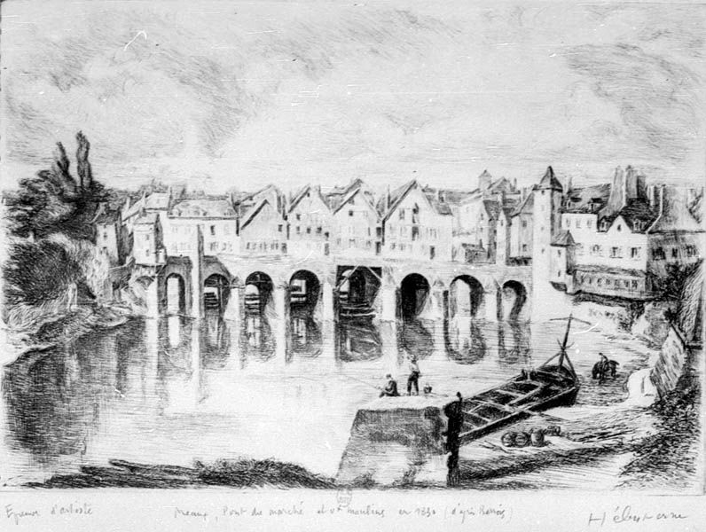 Meaux. Pont du Marché et vieux moulins en 1830 (d'après Barrois)", reprise d'une représentation ancienne par Hébuterne. Lithographie. (BNF. Département des estampes, TopoVa Seine-et-Marne, H 156203)