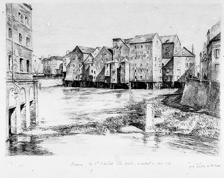 Meaux. Les vieux moulins côté ouest, incendiés en juin 1920", reprise d'une représentation ancienne par Hébuterne. Lithographie. (BNF. Département des estampes, TopoVa Seine-et-Marne, H 156208)