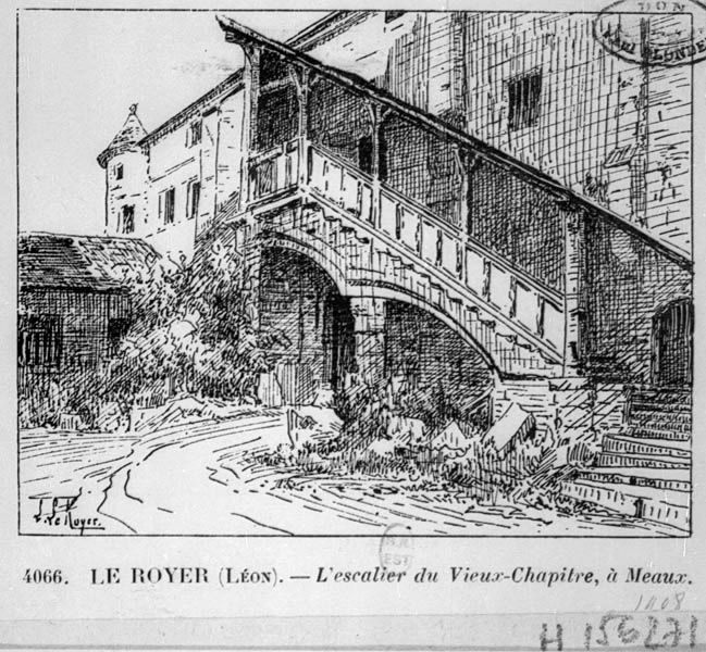 L'escalier du Vieux-Chapitre, à Meaux". Lithographie. (BNF. Département des estampes, TopoVa Seine-et-Marne, H 156271)