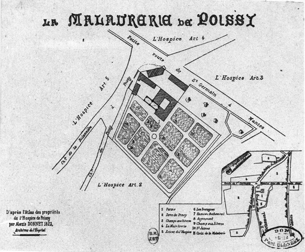 Plan de la maladrerie de Poissy d'après l'atlas des propriétés de l'hospice de Poissy fait en 1823 par A. Donnet.