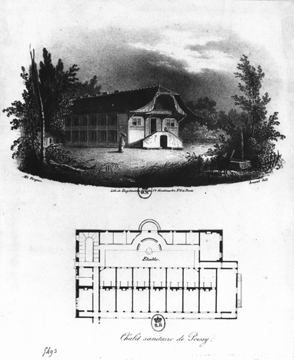 'Chalet sanitaire' qui aurait été construit en 1806 pour la comtesse d'Harville. Le chalet de meissonier construit sur le même emplacement aurait conservé une partie du bâtiment.