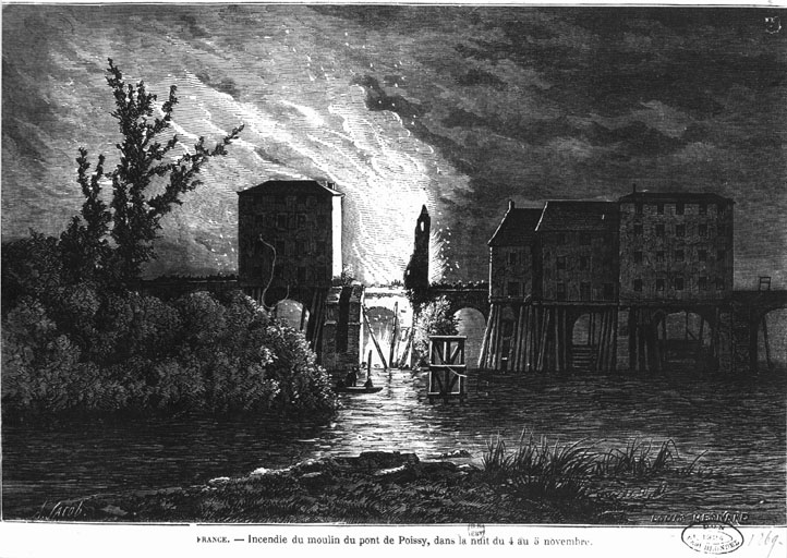 Incendie des moulins sur le pont en novembre 1864.