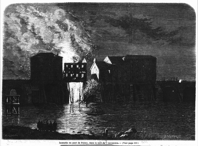 Incendie des moulins sur le pont en novembre 1864.