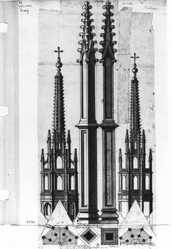 Eglise priorale Saint-Louis : 2 projets de flèches et détail d'élévation de pinacles.