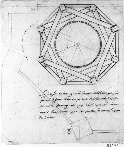 Eglise priorale Saint-Louis : flèche et plans de la charpente.