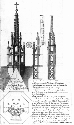 Eglise priorale Saint-Louis : plan, coupe, élévation de la flèche.