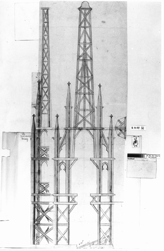 Eglise priorale Saint-Louis : coupe, plan et élévation du couronnement de la charpente de la flèche.