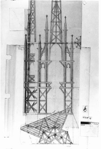 Eglise priorale Saint-Louis : coupe, plan et élévation de la charpente de la flèche.