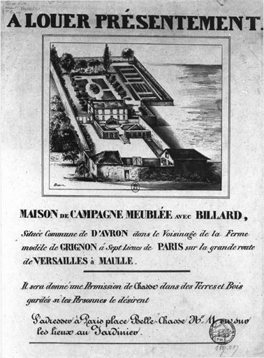 Vue en perspective, sur une annonce de location, d'une maison située en milieu de parcelle. (détruite)