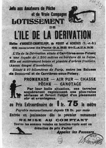 Affiche publicitaire concernant le lotissement de l'Ile-de-la-Dérivation vers 1880.