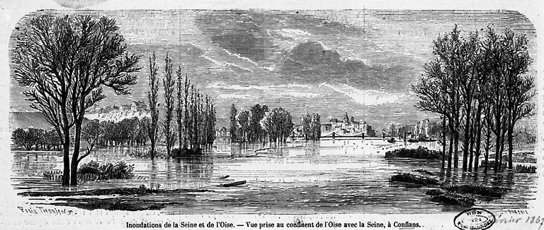 Vue du confluent de l'Oise et de la Seine pendant les inondations de 1867.